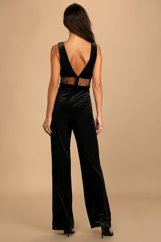 Luxurious Ease Black Velvet Straight Leg Jumpsuit #Color_Black