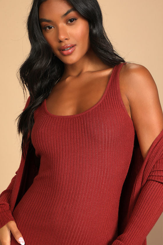Layer Lover Beige Ribbed Knit Two-Piece Dress & Cardigan Set