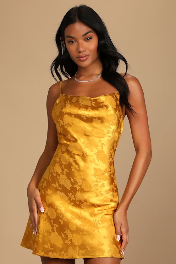 Close to Your Heart Pink Satin Jacquard Cowl Slip Dress #Color_Golden Yellow