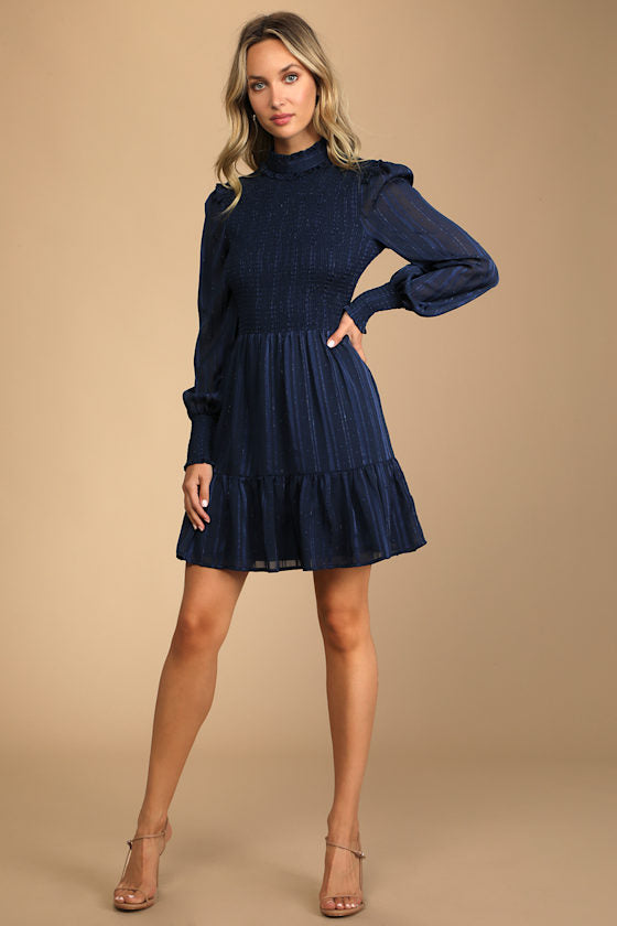 Heartful Romance Black Striped Smocked Long Sleeve Mini Dress