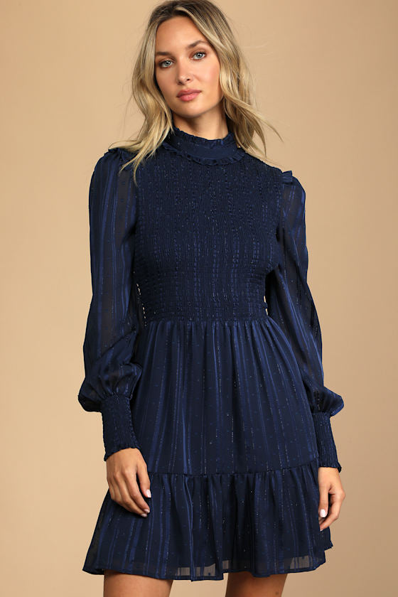 Heartful Romance Navy Striped Smocked Long Sleeve Mini Dress #Color_Navy