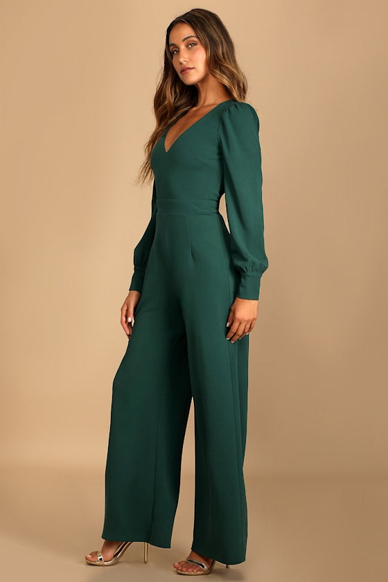 Celebrating Romance Emerald Green Long Sleeve Wide-Leg Jumpsuit #Color_Emerald Green