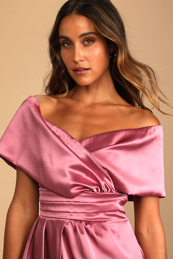 Always Celebrating Burgundy Satin Off-the-Shoulder Mini Dress