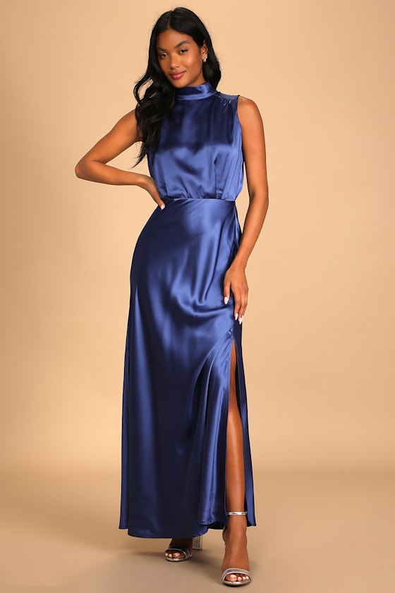 Classic Elegance Wine Satin Maxi Dress #Color_Blue