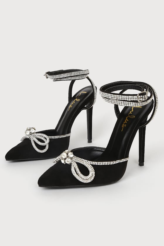 Lullie White Satin Rhinestone Ankle Strap Pointed-Toe Pumps