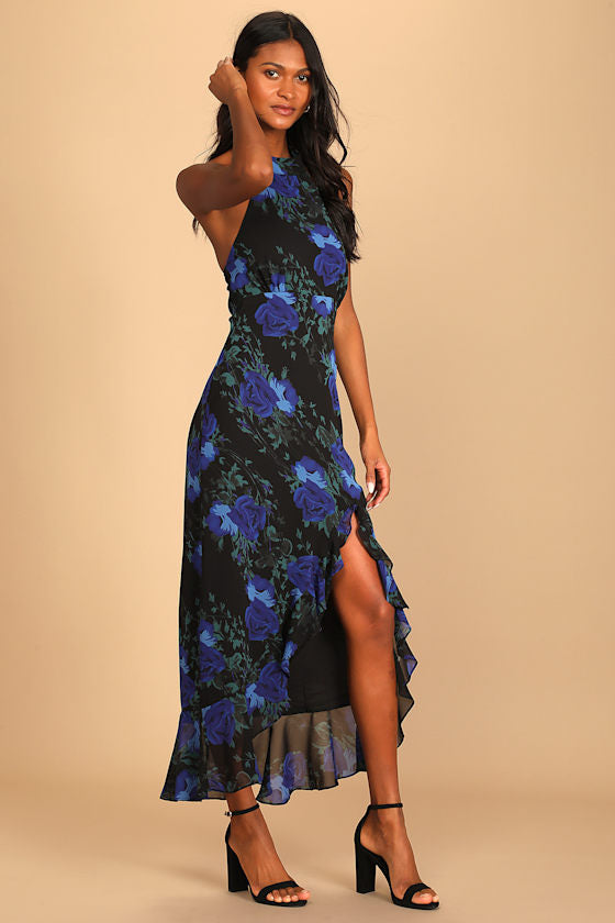 Elegant Entrance Black Floral Print Halter Maxi Dress #Color_Black Floral Print