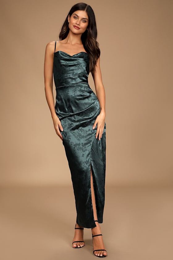 Under the Moonlight Emerald Green Satin Jacquard Maxi Dress #Color_Emerald Green