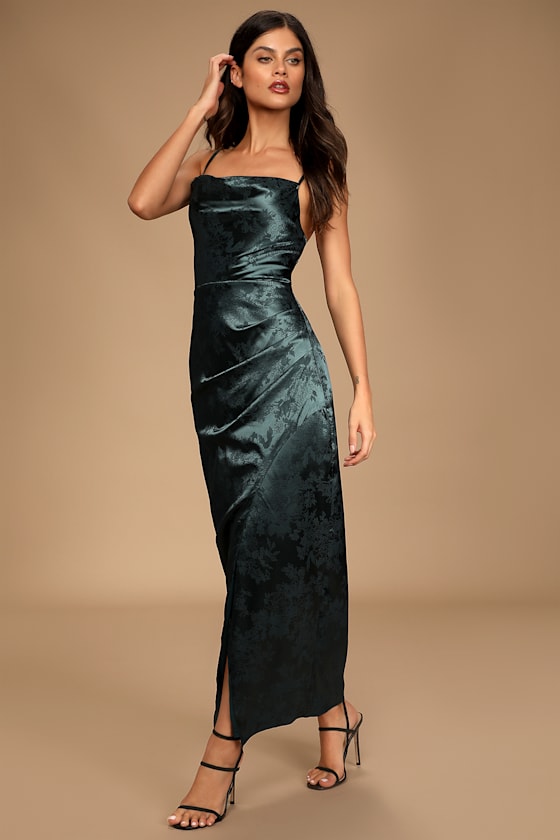 Under the Moonlight Emerald Green Satin Jacquard Maxi Dress #Color_Emerald Green