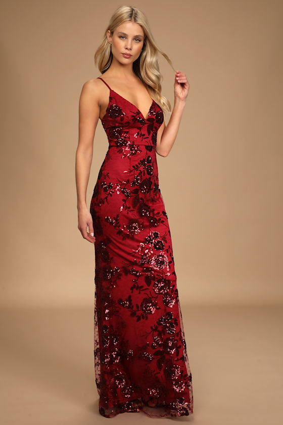 Shine Language Rose Gold Sequin Mermaid Maxi Dress #Color_Wine Red