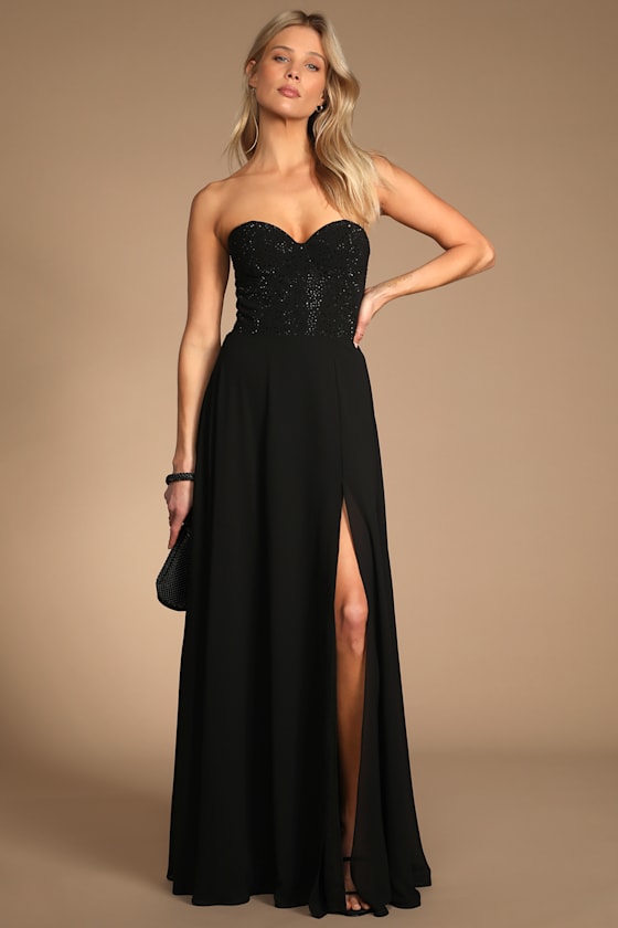 Remember This Moment Black Rhinestone Strapless Maxi Dress #Color_Black