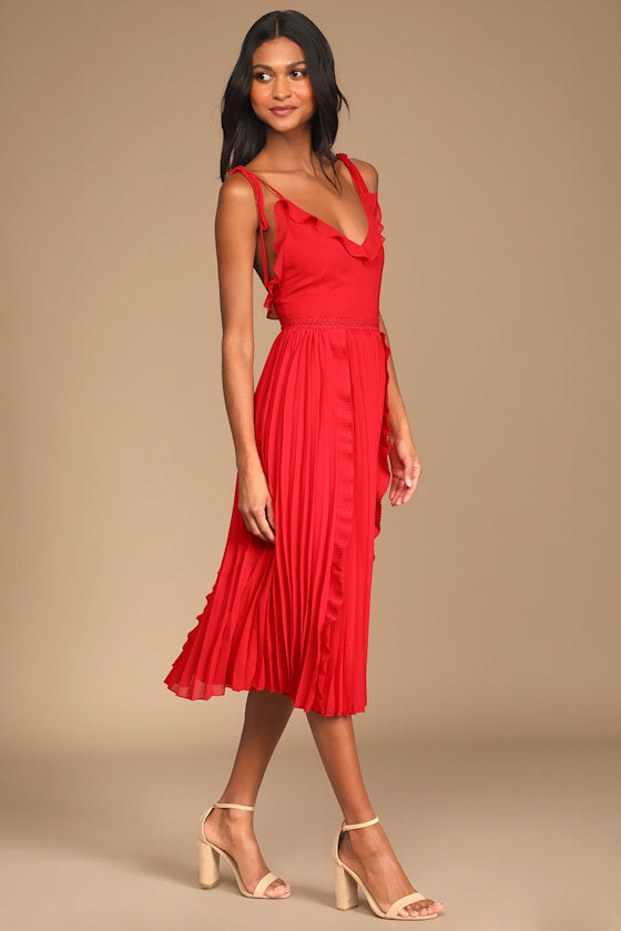 Never a Dull Moment White Tie-Strap Pleated Midi Dress #Color_Bright Red