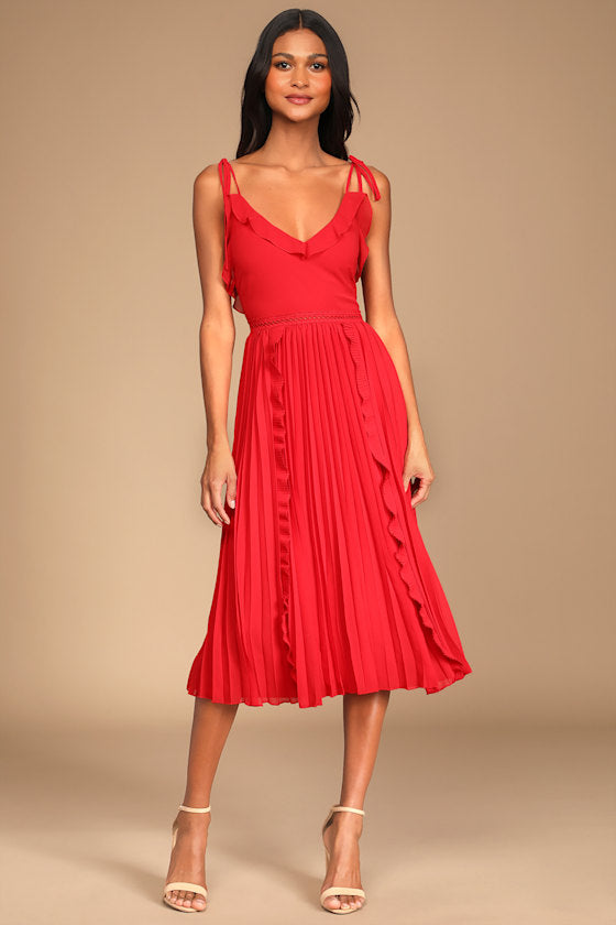 Never a Dull Moment Bright Red Tie-Strap Pleated Midi Dress #Color_Bright Red
