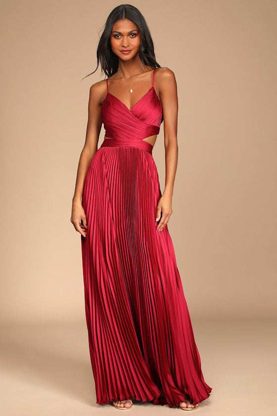Got the Glam Blue Pleated Cutout Maxi Dress #Color_Wine Red
