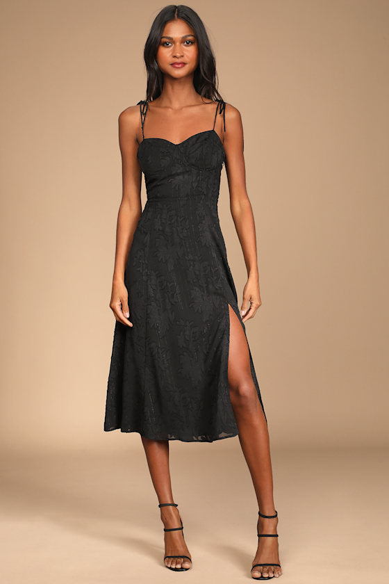Loveliest Looks Black Floral Jacquard Tie-Strap Midi Dress #Color_Black