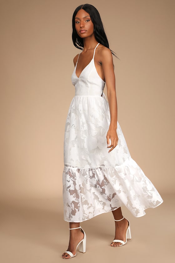 Feeling Like Forever Plum Jacquard Organza Lace-Up Midi Dress #Color_White
