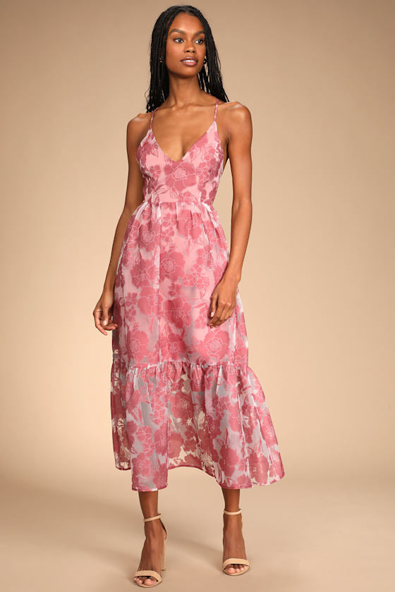 Feeling Like Forever Plum Jacquard Organza Lace-Up Midi Dress #Color_Rose