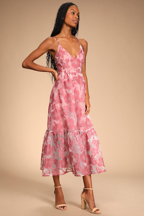 Feeling Like Forever Plum Jacquard Organza Lace-Up Midi Dress