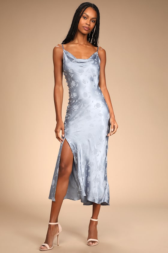 All About You Slate Blue Floral Jacquard Satin Midi Dress #Color_Slate Blue