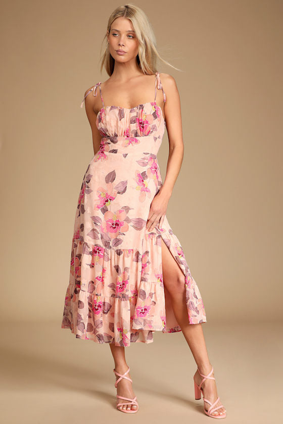 Tea Party Chic Pink Floral Print Tie-Strap Tiered Midi Dress #Color_Pink Floral Print