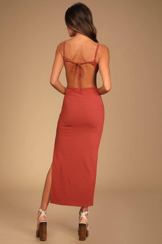 Something About Her Beige Color Block Ribbed Backless Midi Dress