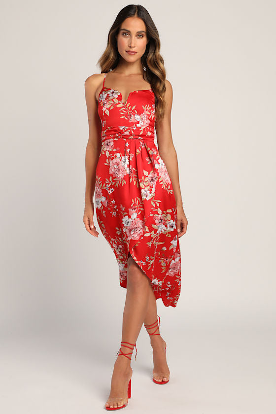My Favorite Day Red Floral Print Tulip Skirt Midi Dress #Color_Red Floral Print