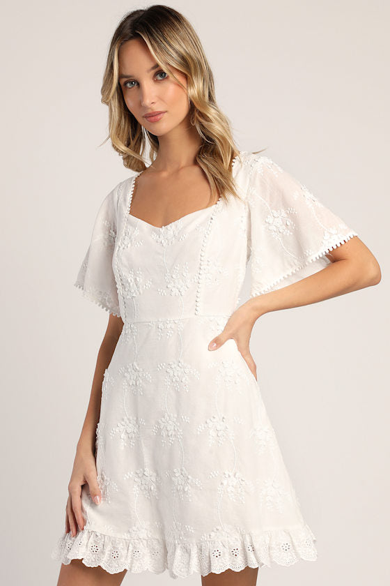 Morning in Mallorca White Eyelet Mini Dress #Color_White