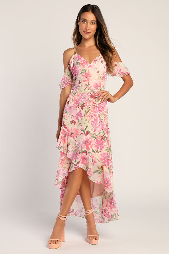 Watch Me Grow Pink Floral Print Cold-Shoulder High-Low Dress #Color_Pink Floral Print