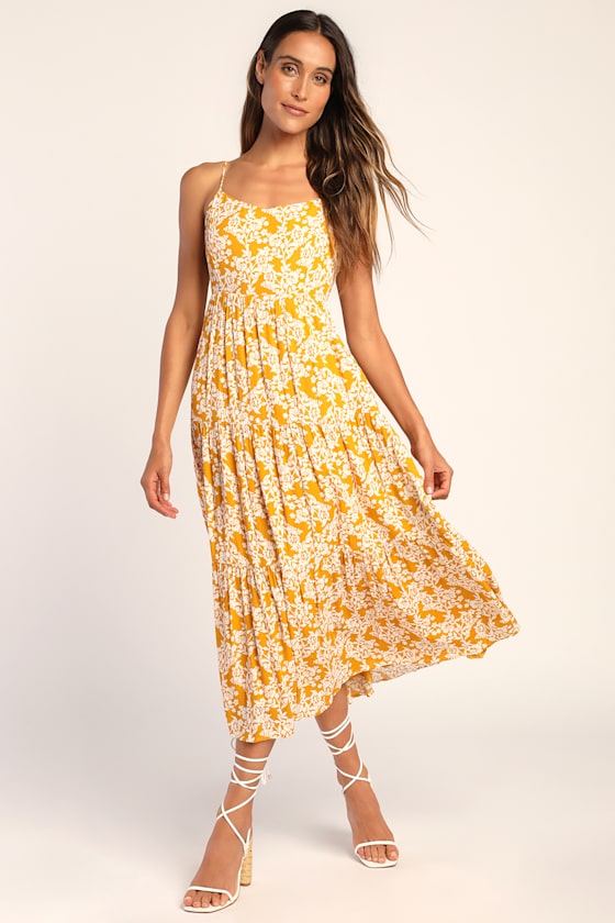 Catching Sunrays Mustard Yellow Floral Print Midi Dress #Color_Mustard Yellow Floral Print
