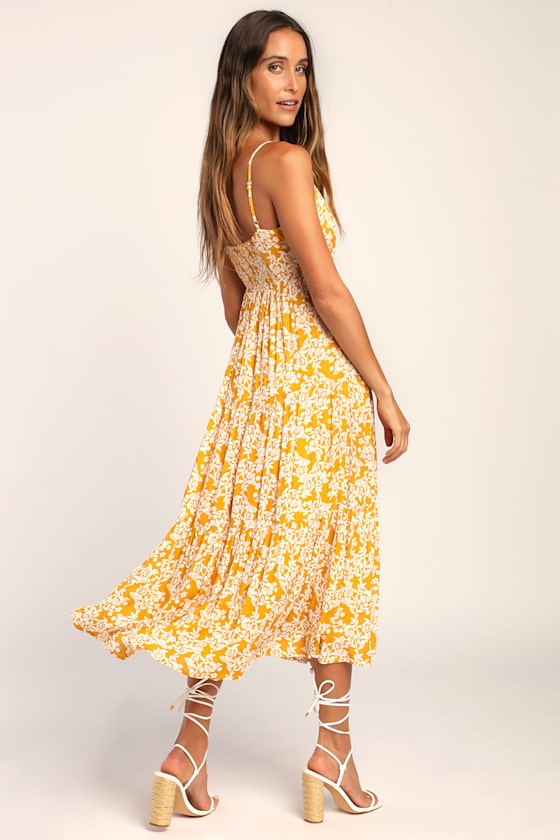 Catching Sunrays Mustard Yellow Floral Print Midi Dress #Color_Mustard Yellow Floral Print