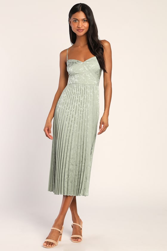 Regal Romance Emerald Floral Jacquard Pleated Satin Midi Dress #Color_Sage Floral