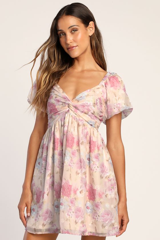 Fresh Florals Cream Floral Print Puff Sleeve Mini Dress