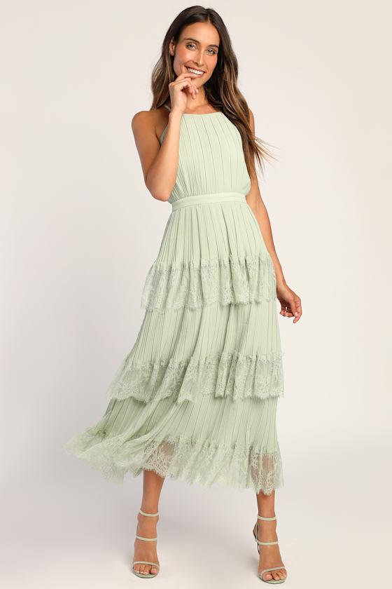 Came For Cocktails Sage Green Pleated Tiered Lace Maxi Dress #Color_Sage Green