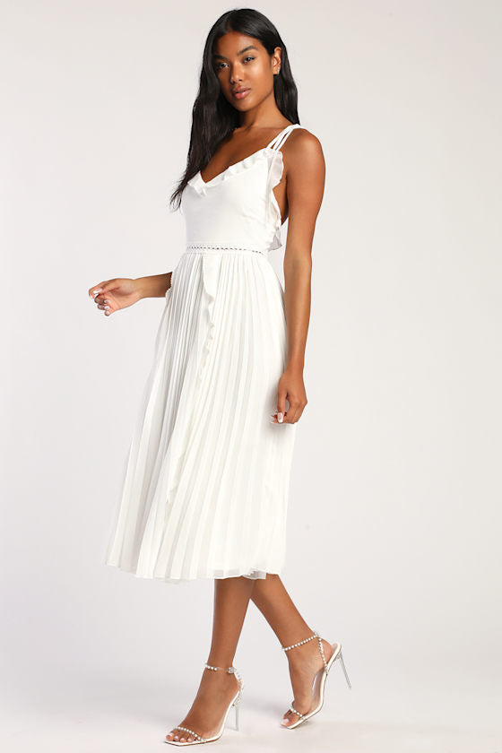Never a Dull Moment White Tie-Strap Pleated Midi Dress #Color_White