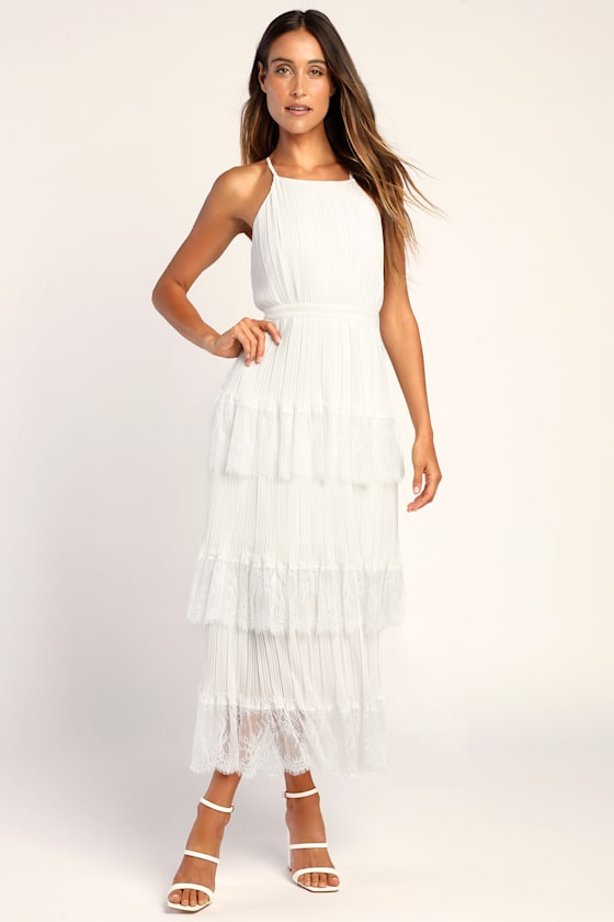 Came For Cocktails Sage Green Pleated Tiered Lace Maxi Dress