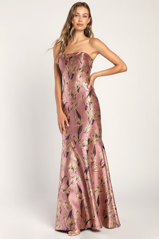 Gowning Around Sage Floral Jacquard Strapless Maxi Dress