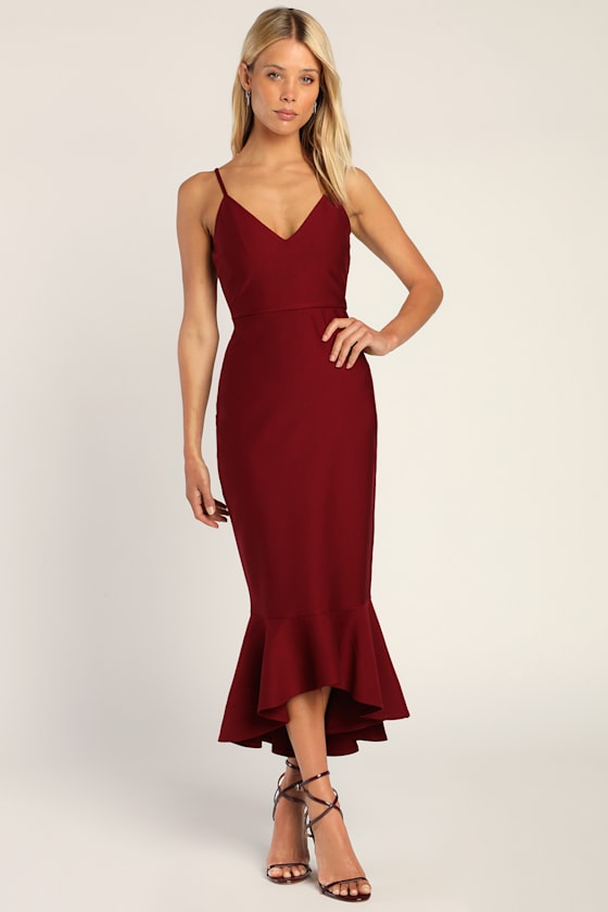 Stun Like Me White Bodycon Trumpet Hem Midi Dress #Color_Wine Red