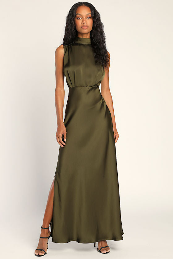Classic Elegance Wine Satin Maxi Dress #Color_Olive