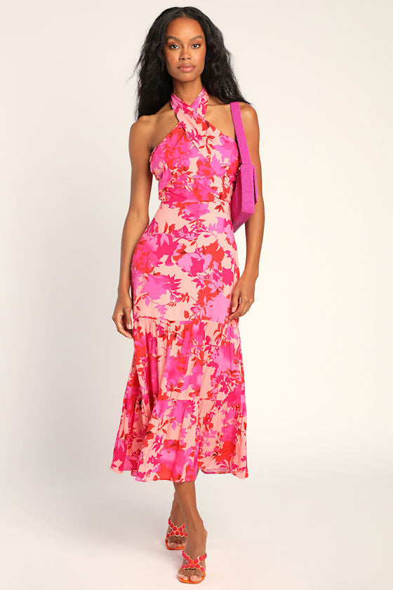 Always Eye-Catching Brown Tiered Halter Midi Dress #Color_Hot Pink Floral