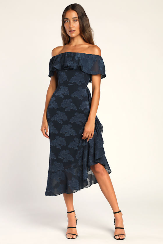 Pretty Perfect Navy Floral Burnout Off-The-Shoulder Midi Dress #Color_Navy Floral
