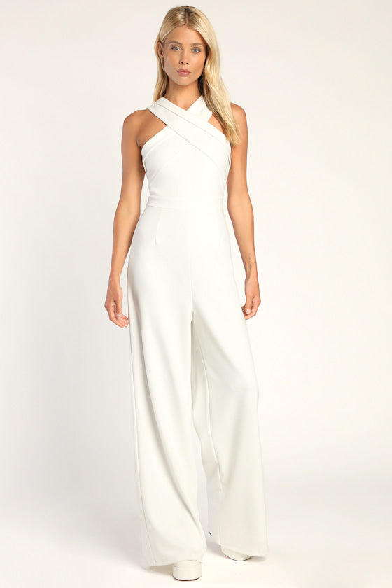 Criss-Cross Your Mind White Cross-Front Wide-Leg Jumpsuit #Color_White