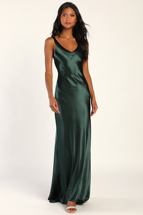 Perfectly Classy Emerald Green Satin Strappy Maxi Dress #Color_Emerald Green