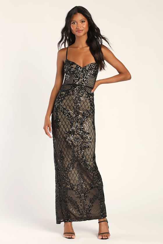 Moonlit Love Black Sequin Sleeveless Maxi Dress #Color_Black