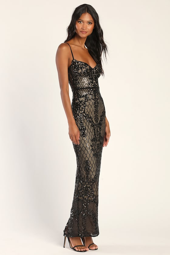 Moonlit Love Black Sequin Sleeveless Maxi Dress #Color_Black