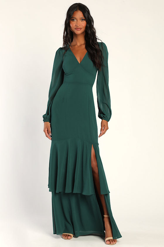 Tier Elegance Black Long Sleeve Tiered Maxi Dress