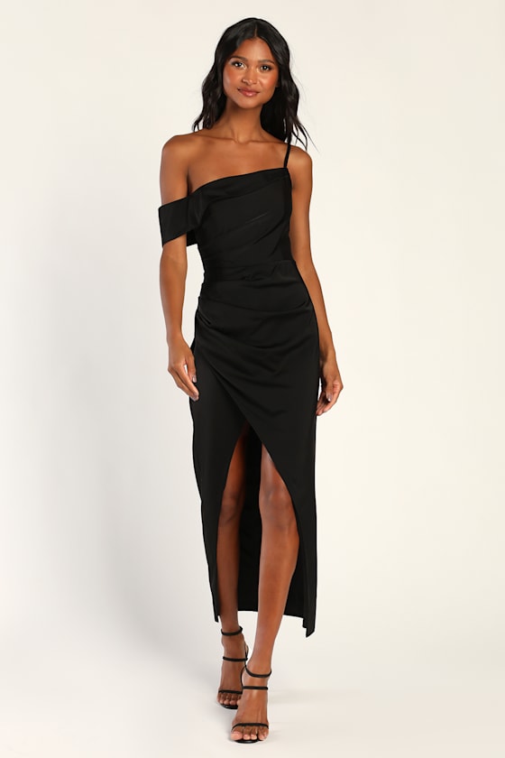 Showing Off a Little Dark Green Asymmetrical Tulip Midi Dress #Color_Black