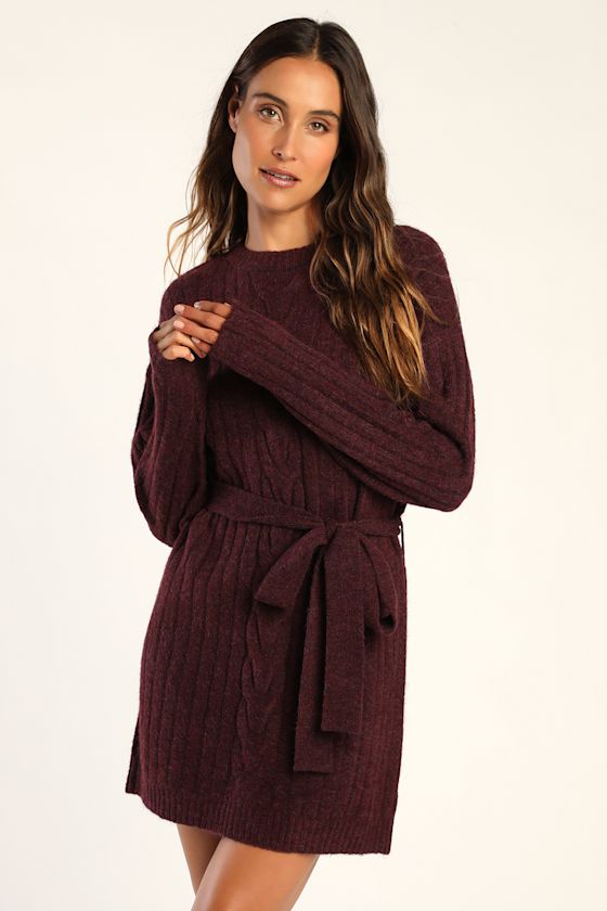 Wishing on Winter Cream Cable Knit Mini Sweater Dress #Color_Burgundy