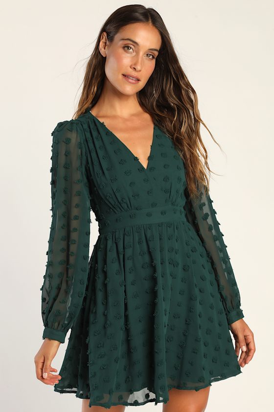 Always on Repeat Emerald Green Clip Dot Long Sleeve Mini Dress #Color_Emerald Green