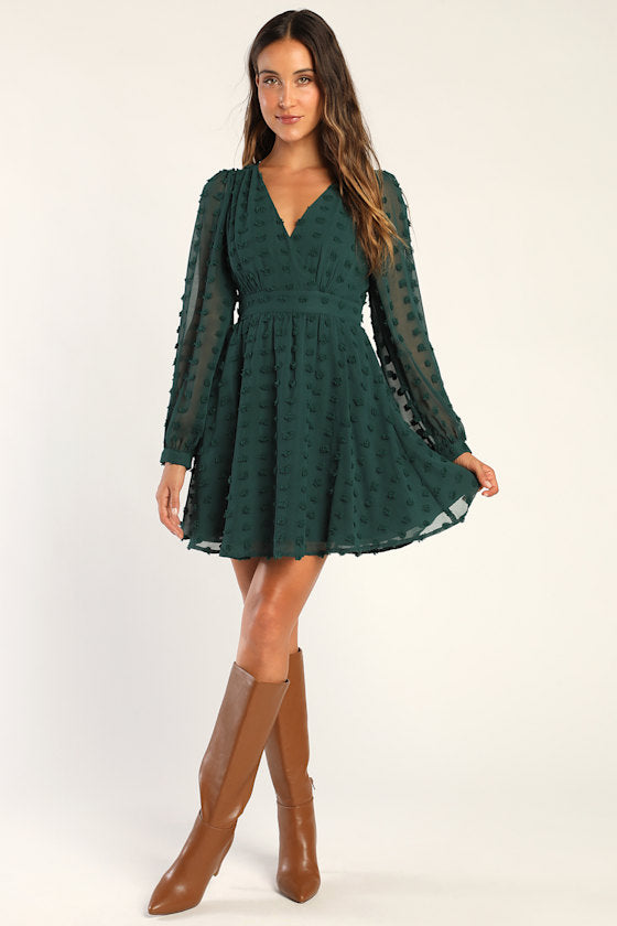 Always on Repeat Emerald Green Clip Dot Long Sleeve Mini Dress #Color_Emerald Green