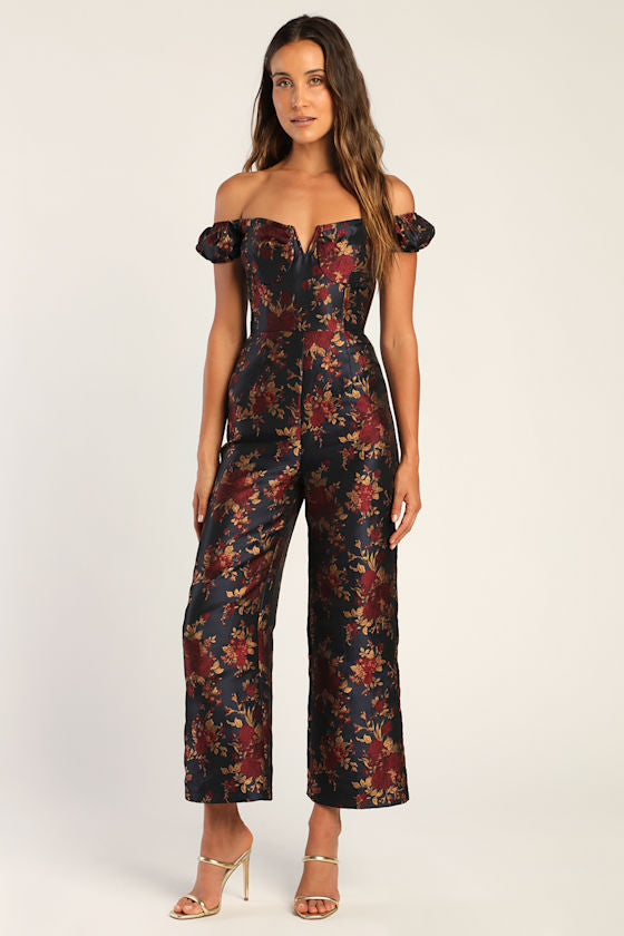 New Glam Midnight Blue Floral Jacquard Off-the-Shoulder Jumpsuit #Color_Midnight Blue