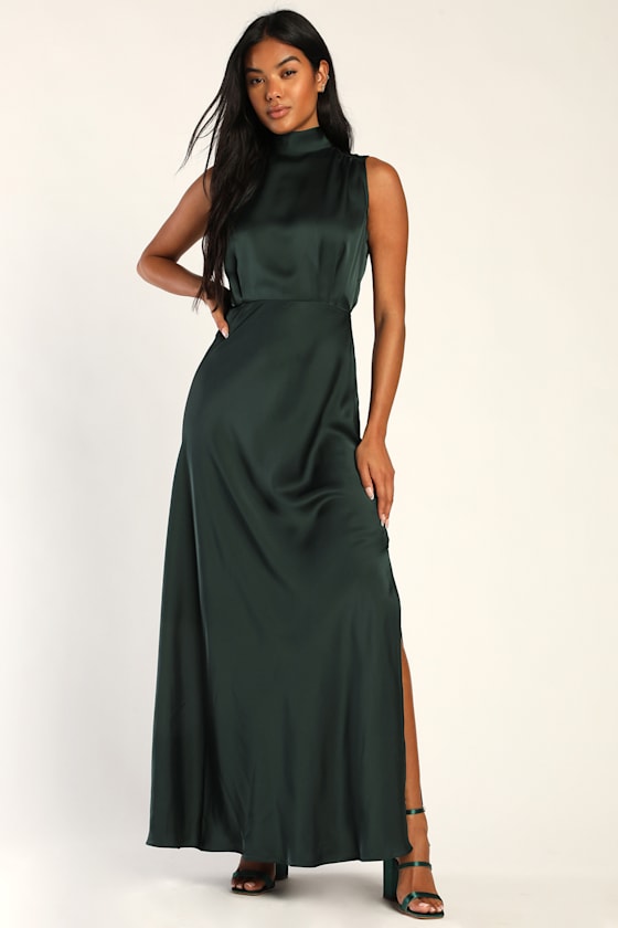 Classic Elegance Blush Satin Sleeveless Mock Neck Maxi Dress #Color_Green